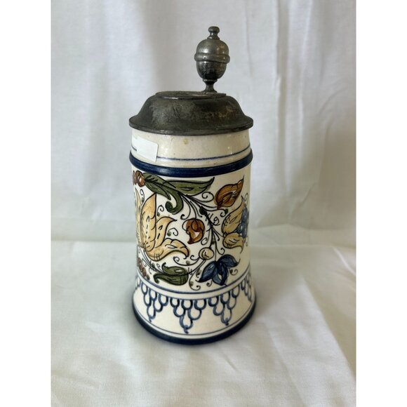 Vintage German Ceramic Beer Stein With Pewter Lid & Hand-Painted Floral Design - Picture 1 of 2